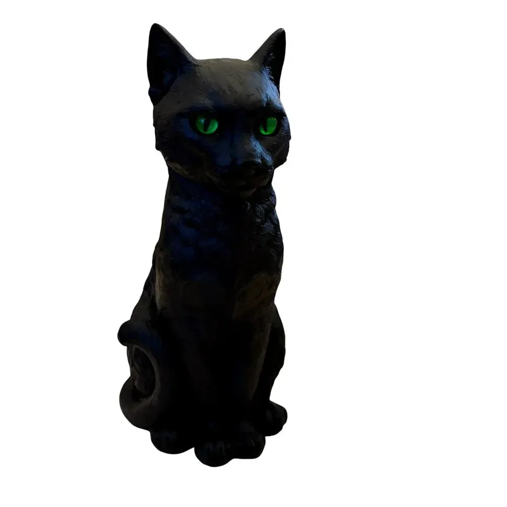 Gothic Black Cat Figurine w/ Piercing Green Eyes 13in Spooky Halloween Decor NEW